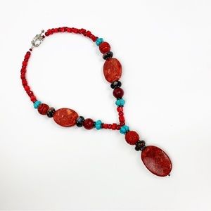 Howlite Coral Cinnabar Jade Bead Pendant Y Necklace Red